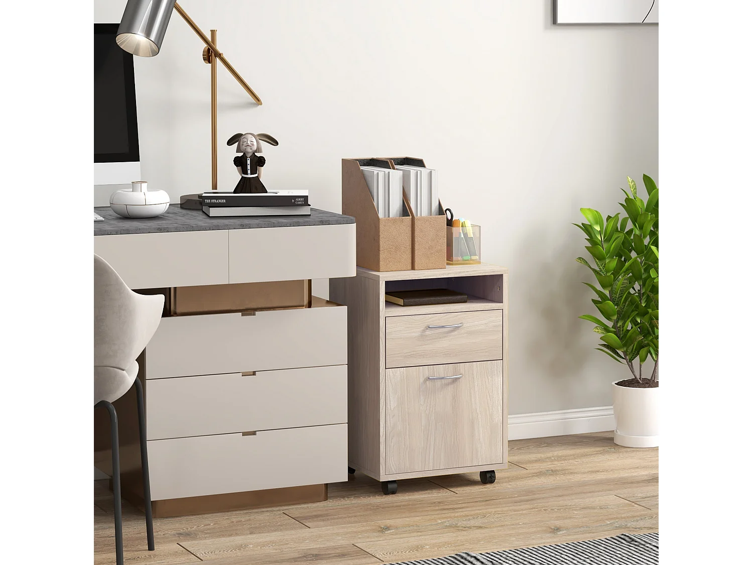 Caisson de bureau rangement bureau sur roulettes tiroir placard niche panneaux particules naturel