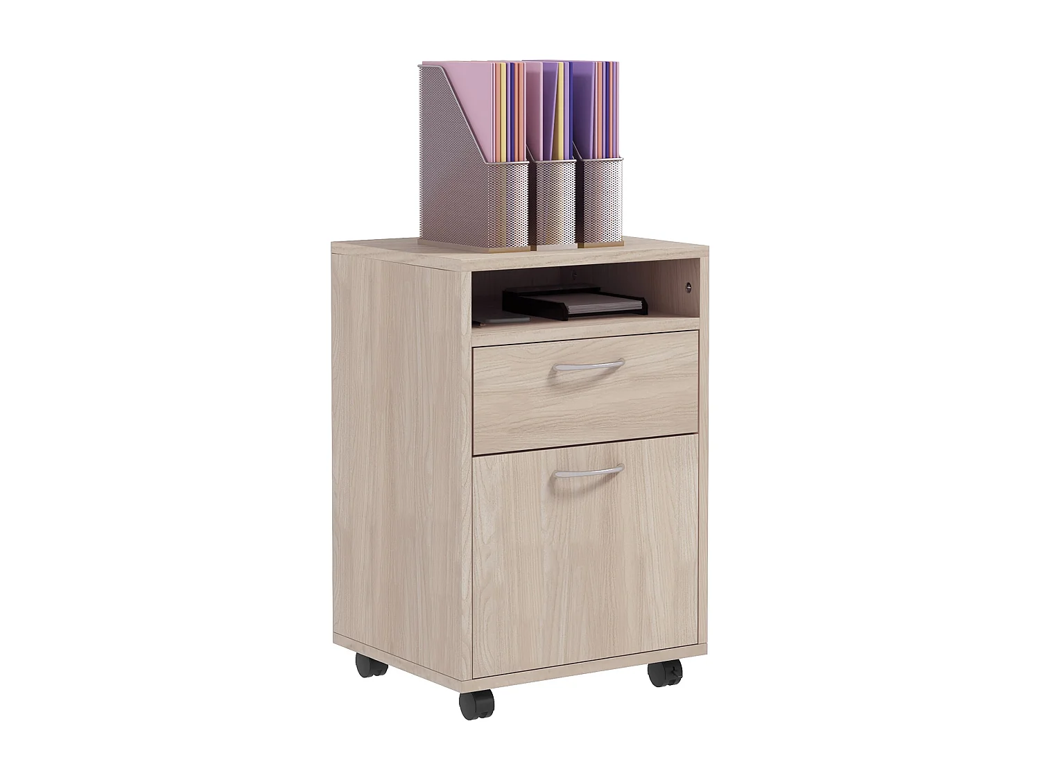 Caisson de bureau rangement bureau sur roulettes tiroir placard niche panneaux particules naturel
