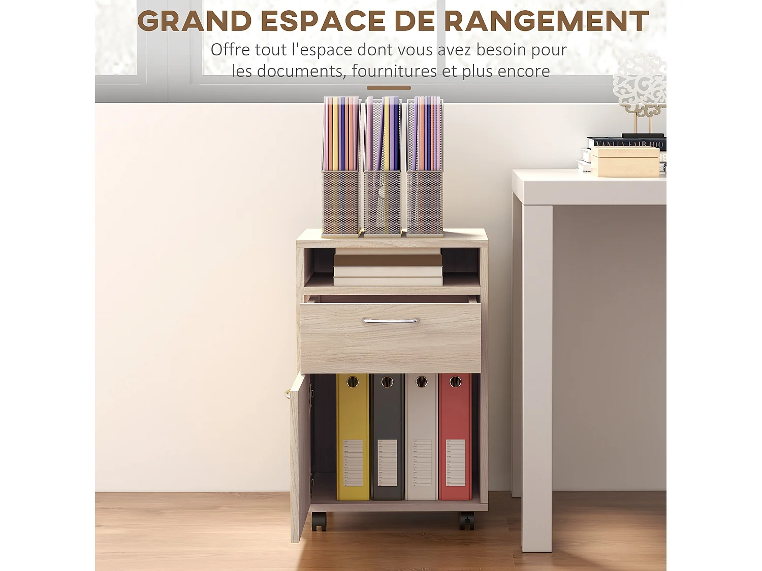 Caisson de bureau rangement bureau sur roulettes tiroir placard niche panneaux particules naturel