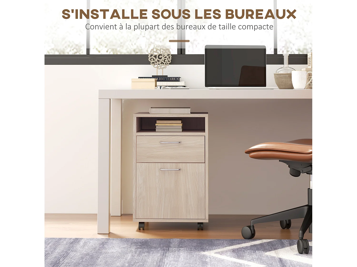 Caisson de bureau rangement bureau sur roulettes tiroir placard niche panneaux particules naturel