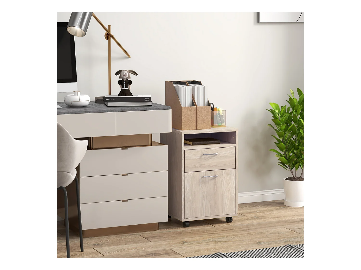 Caisson de bureau rangement bureau sur roulettes tiroir placard niche panneaux particules naturel