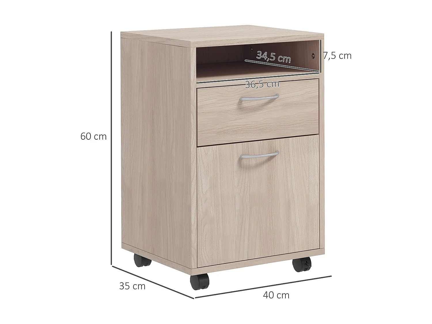 Caisson de bureau rangement bureau sur roulettes tiroir placard niche panneaux particules naturel