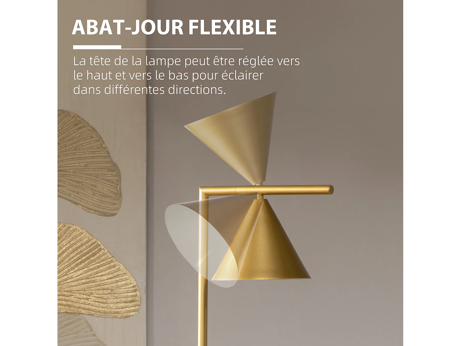 Lampadaire sur pied salon 40W acier doré abat-jour conique orientable base marbre