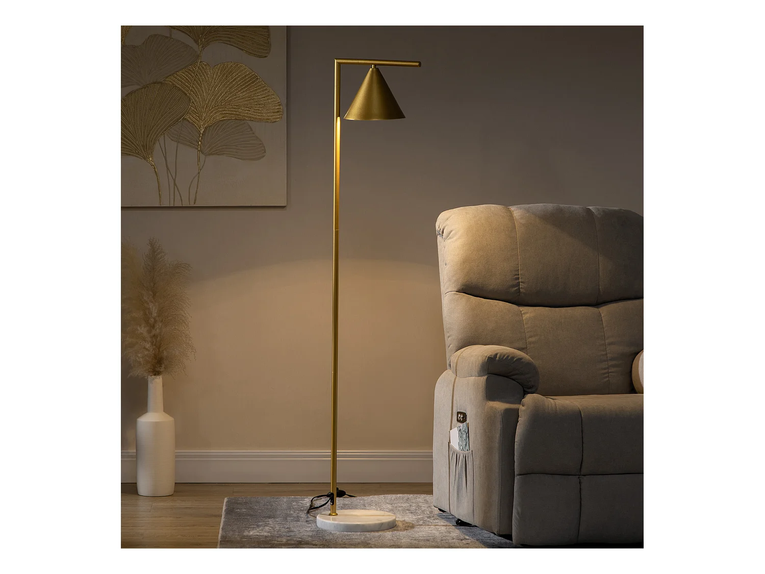 Lampadaire sur pied salon 40W acier doré abat-jour conique orientable base marbre