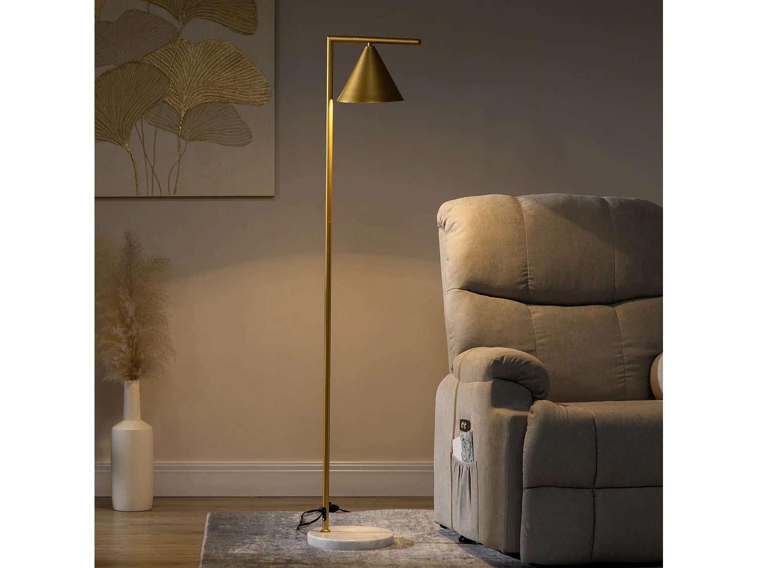 Lampadaire sur pied salon 40W acier doré abat-jour conique orientable base marbre