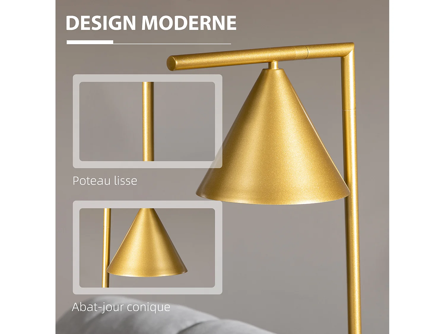 Lampadaire sur pied salon 40W acier doré abat-jour conique orientable base marbre