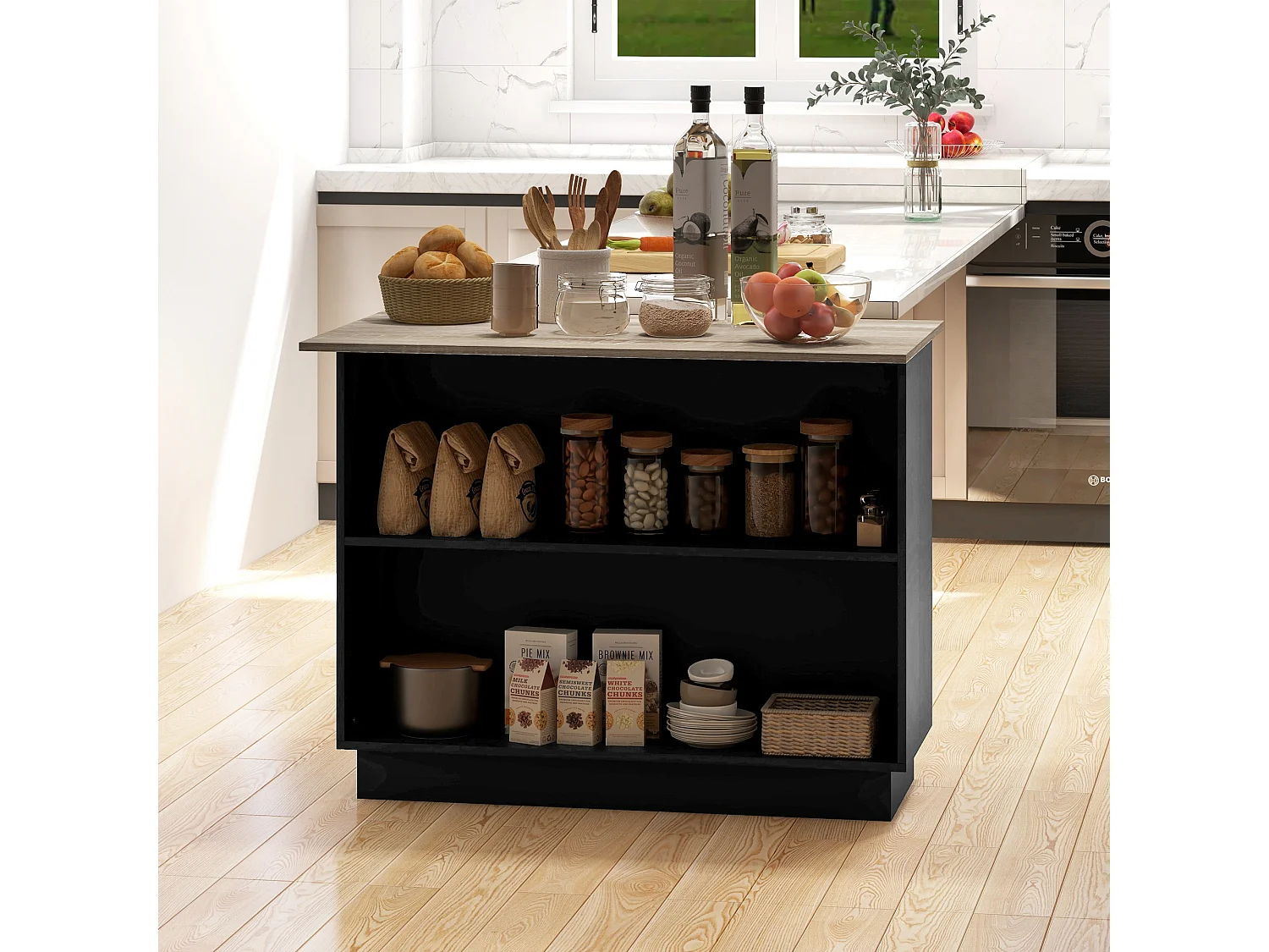 Desserte îlot de cuisine étagère 2 niches 2 placards effet bois noir