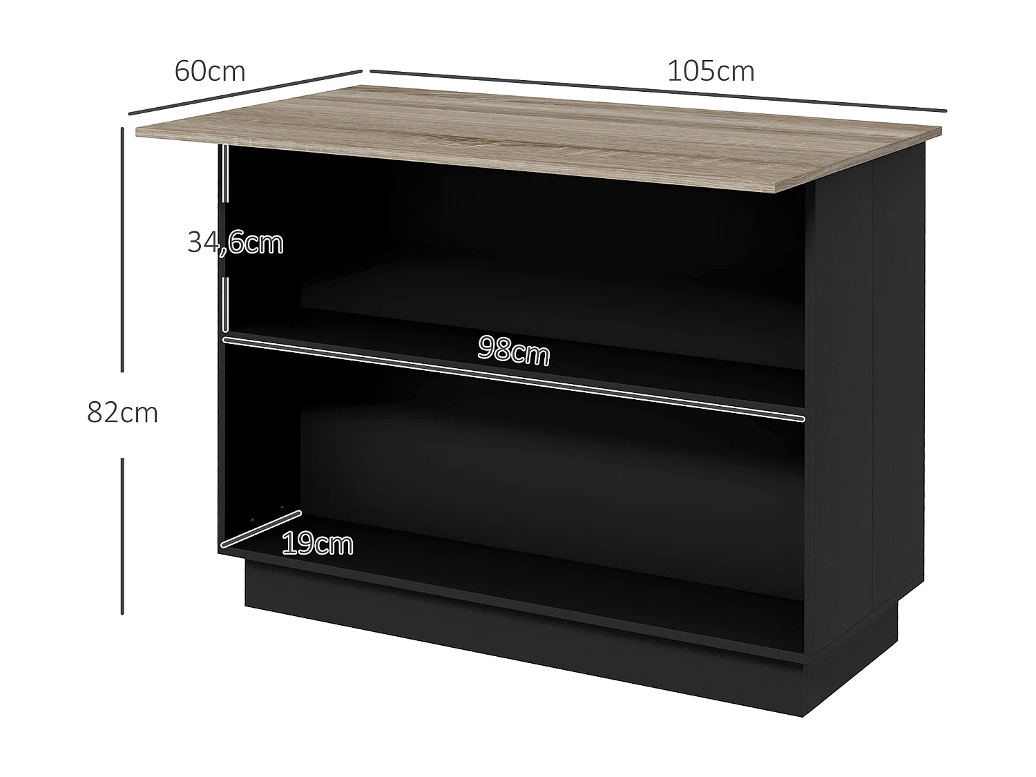 Desserte îlot de cuisine étagère 2 niches 2 placards effet bois noir