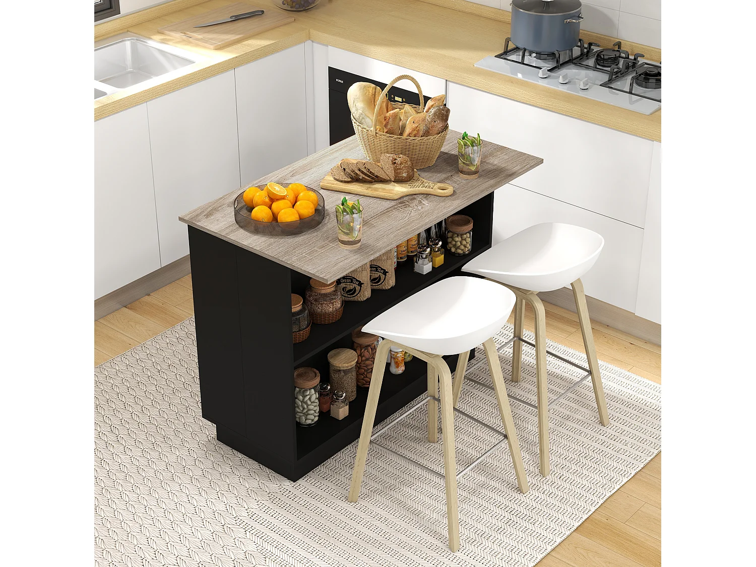 Desserte îlot de cuisine étagère 2 niches 2 placards effet bois noir