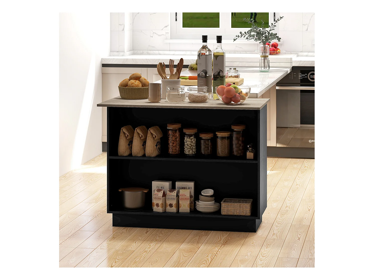 Desserte îlot de cuisine étagère 2 niches 2 placards effet bois noir