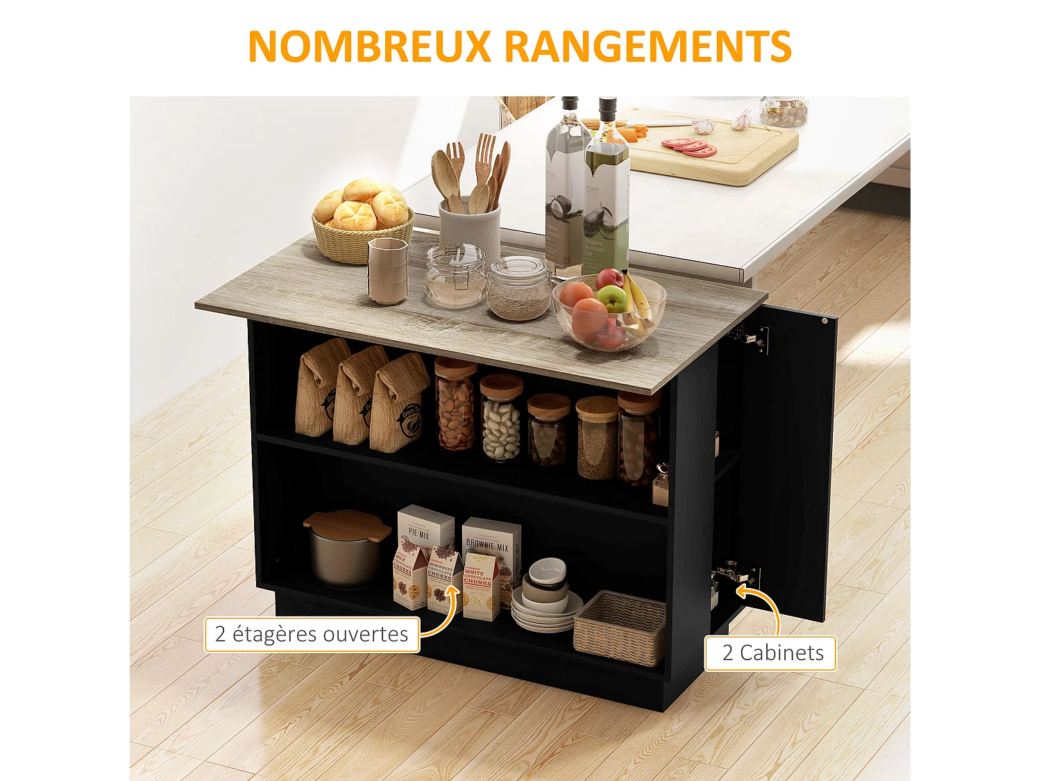 Desserte îlot de cuisine étagère 2 niches 2 placards effet bois noir