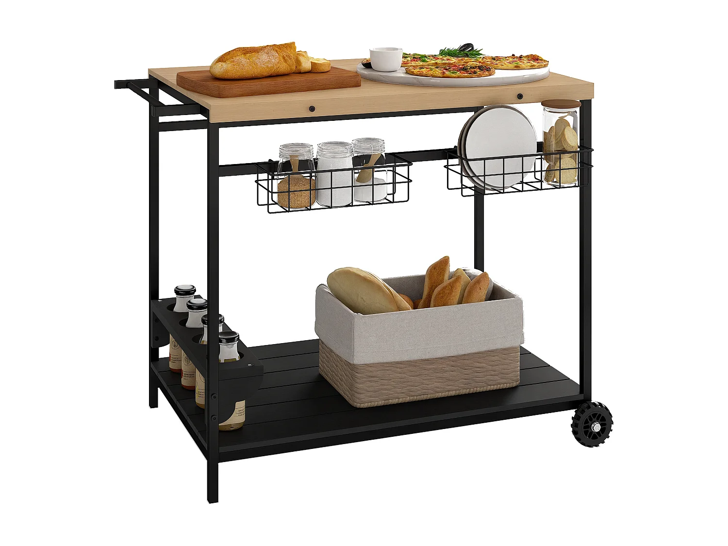 Desserte de jardin chariot pour plancha barbecue en bois et métal avec poignée 2 plateaux 2 paniers et porte-bouteilles