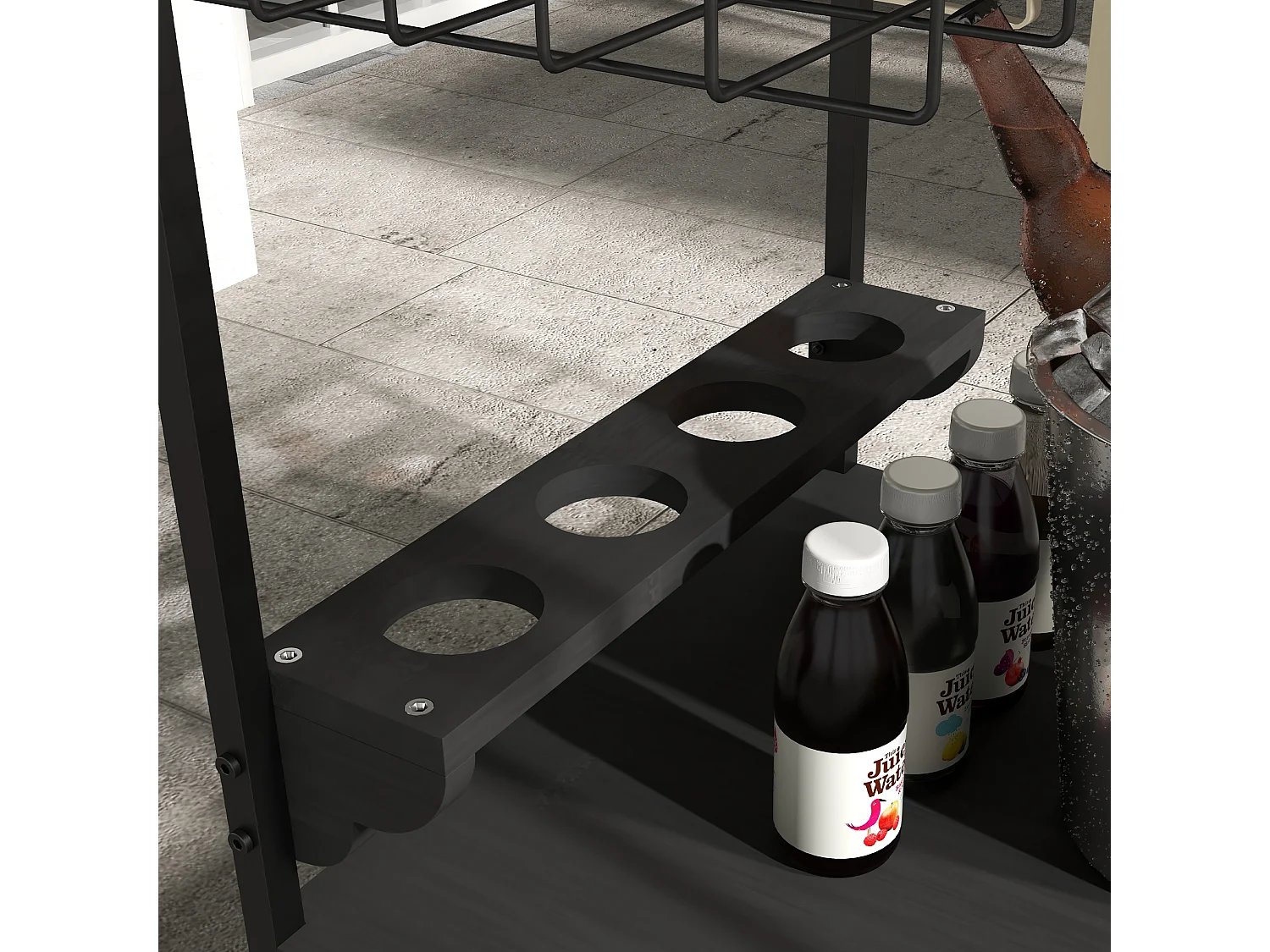 Desserte de jardin chariot pour plancha barbecue en bois et métal avec poignée 2 plateaux 2 paniers et porte-bouteilles