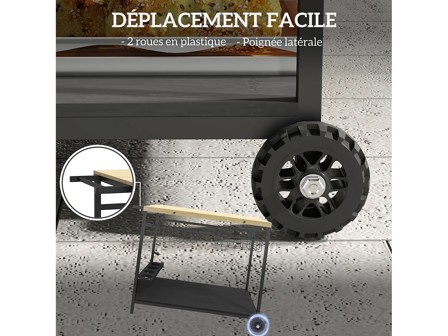 Desserte de jardin chariot pour plancha barbecue en bois et métal avec poignée 2 plateaux 2 paniers et porte-bouteilles