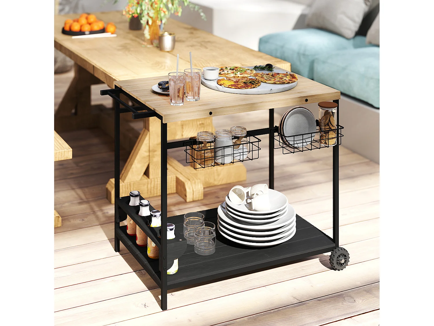 Desserte de jardin chariot pour plancha barbecue en bois et métal avec poignée 2 plateaux 2 paniers et porte-bouteilles