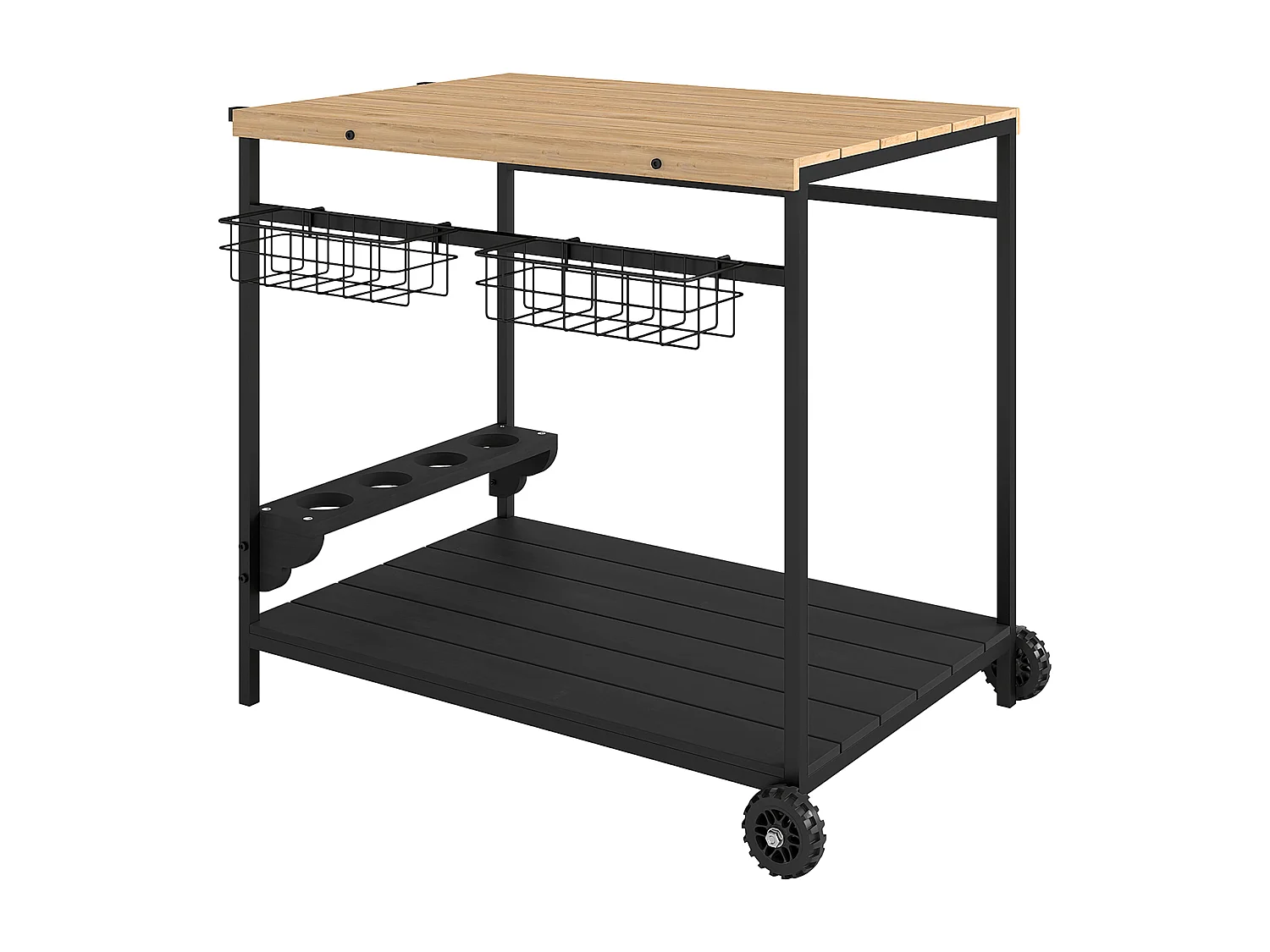 Desserte de jardin chariot pour plancha barbecue en bois et métal avec poignée 2 plateaux 2 paniers et porte-bouteilles