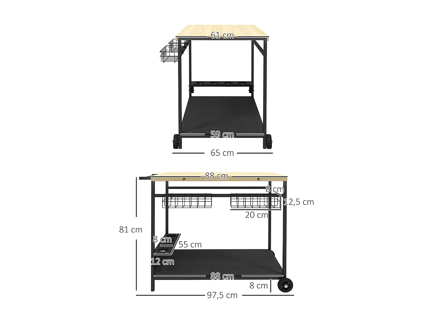 Desserte de jardin chariot pour plancha barbecue en bois et métal avec poignée 2 plateaux 2 paniers et porte-bouteilles