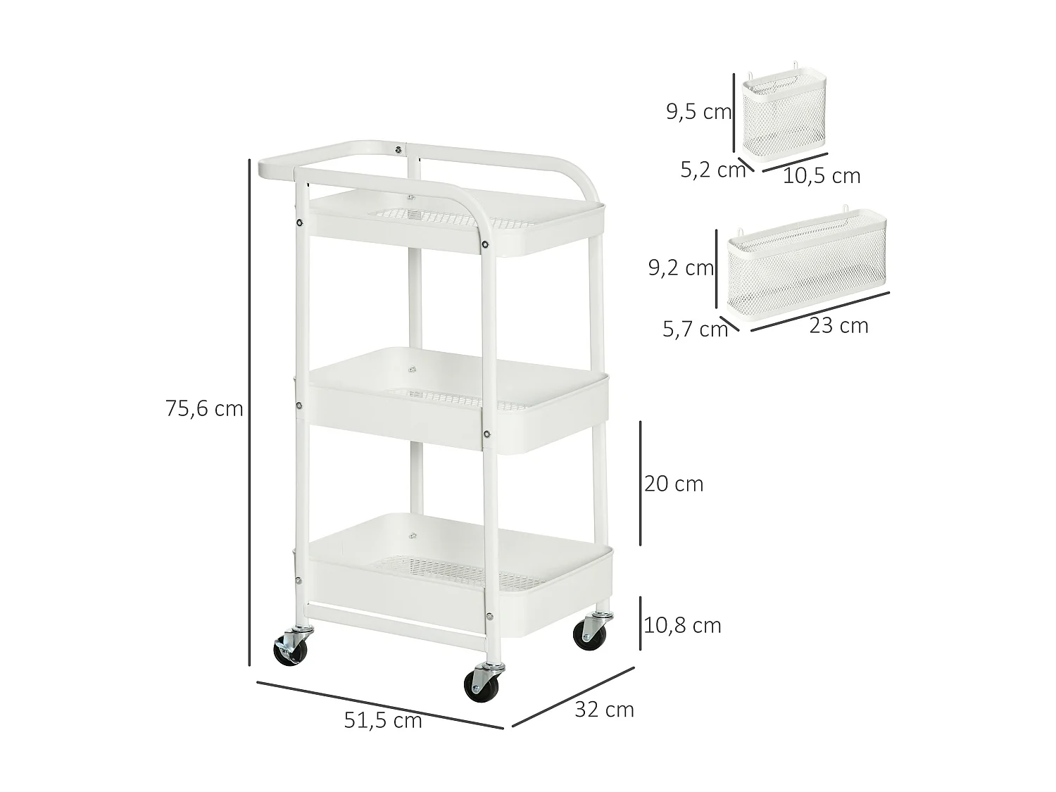 Desserte chariot de rangement en métal à roulettes 3 niveaux avec 2 range-couverts 4 crochets dim.51,5L x 32l x 75,6H cm - blanc