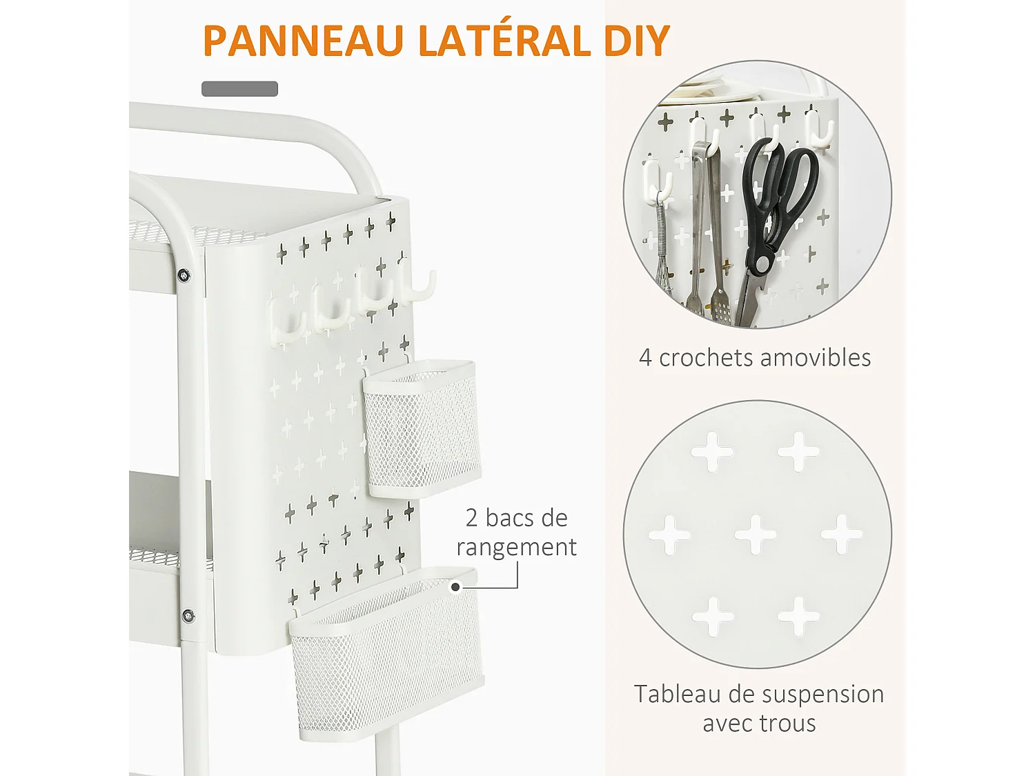 Desserte chariot de rangement en métal à roulettes 3 niveaux avec 2 range-couverts 4 crochets dim.51,5L x 32l x 75,6H cm - blanc