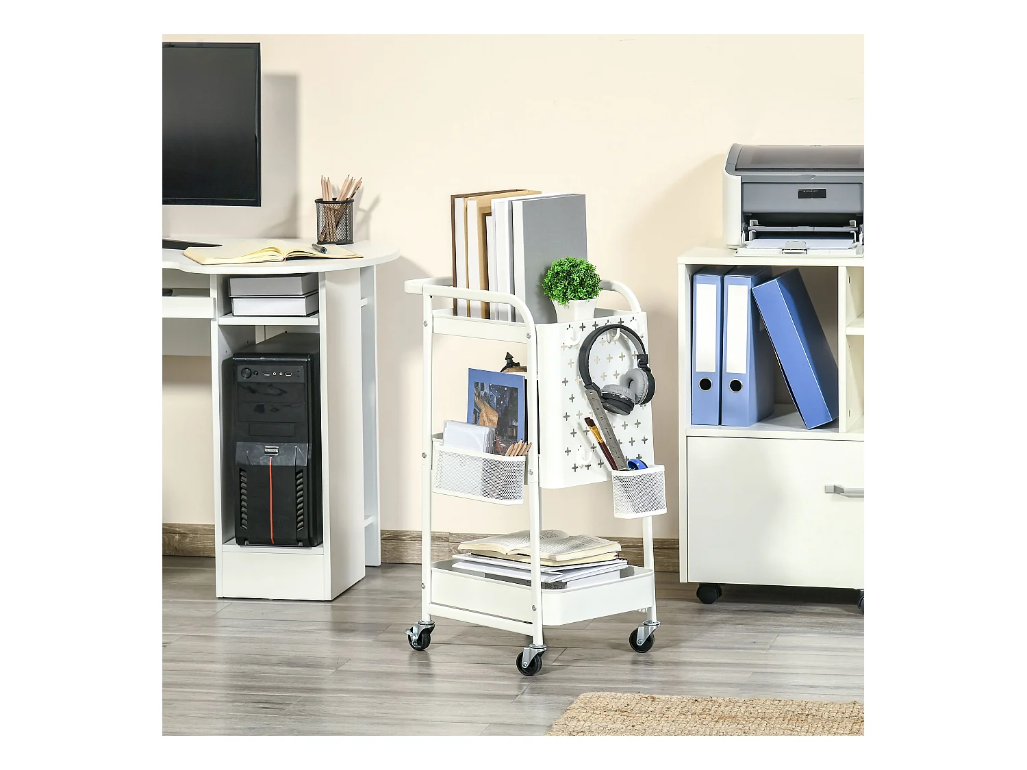 Desserte chariot de rangement en métal à roulettes 3 niveaux avec 2 range-couverts 4 crochets dim.51,5L x 32l x 75,6H cm - blanc