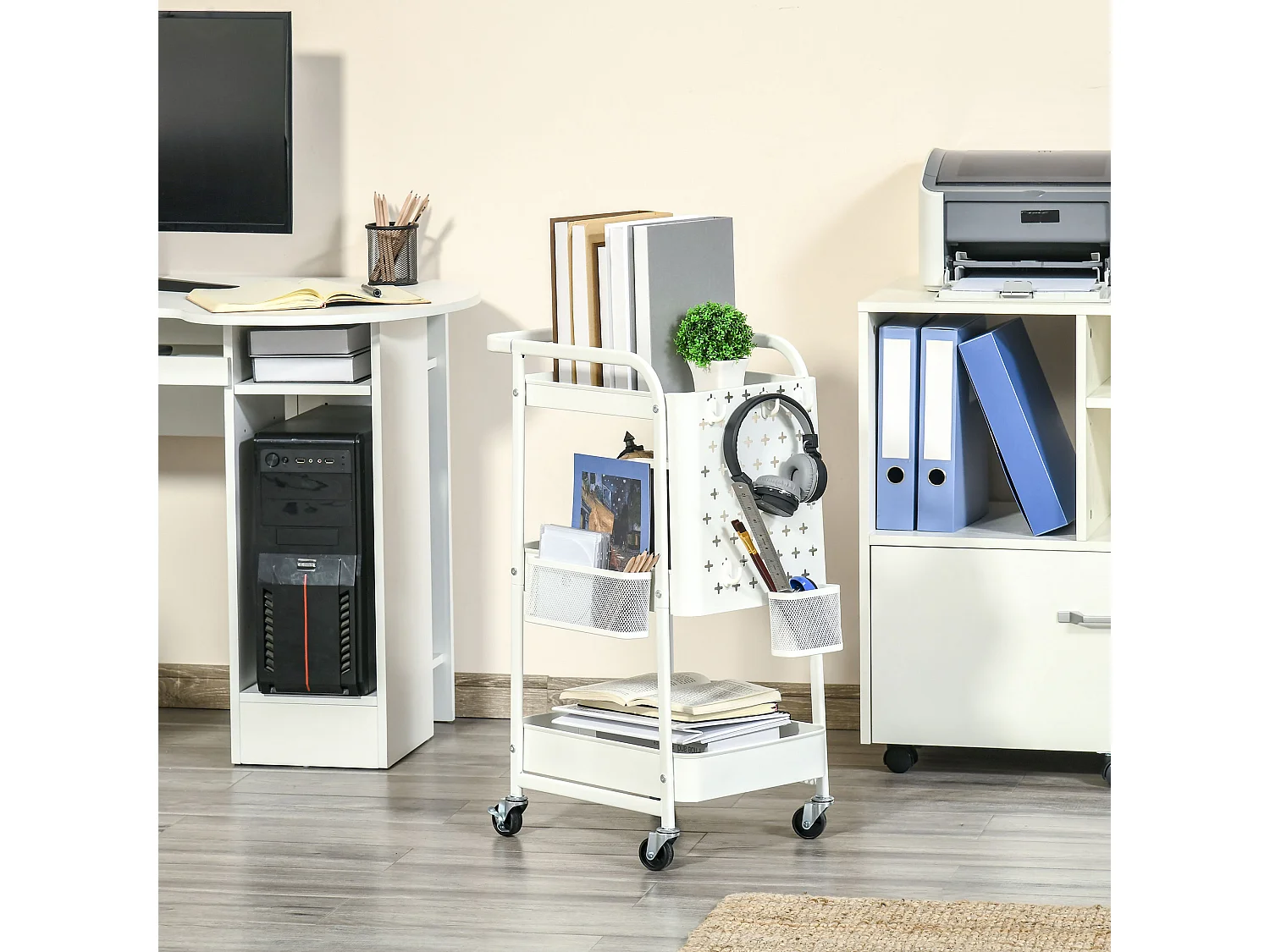 Desserte chariot de rangement en métal à roulettes 3 niveaux avec 2 range-couverts 4 crochets dim.51,5L x 32l x 75,6H cm - blanc