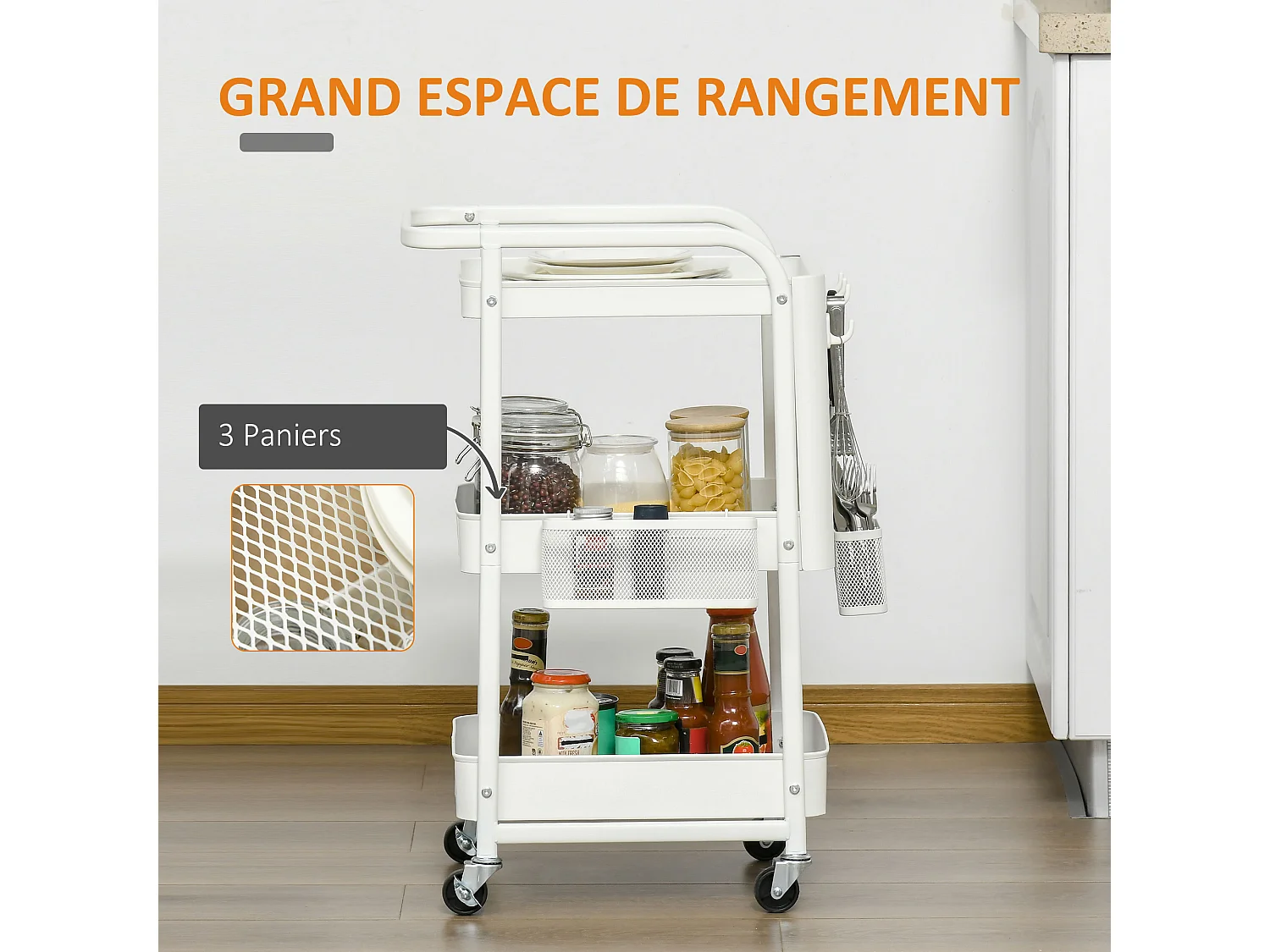 Desserte chariot de rangement en métal à roulettes 3 niveaux avec 2 range-couverts 4 crochets dim.51,5L x 32l x 75,6H cm - blanc