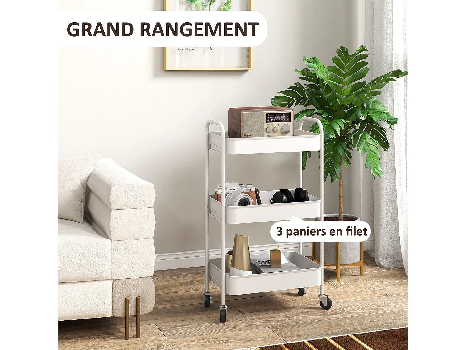 Desserte de cuisine style néo-rétro - 3 étagères - acier blanc