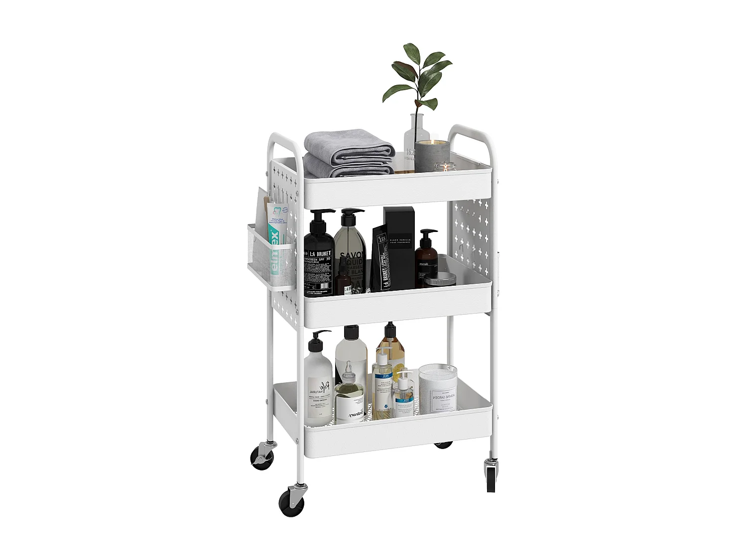 Desserte de cuisine style néo-rétro - 3 étagères, 2 paniers, 6 crochets - acier blanc