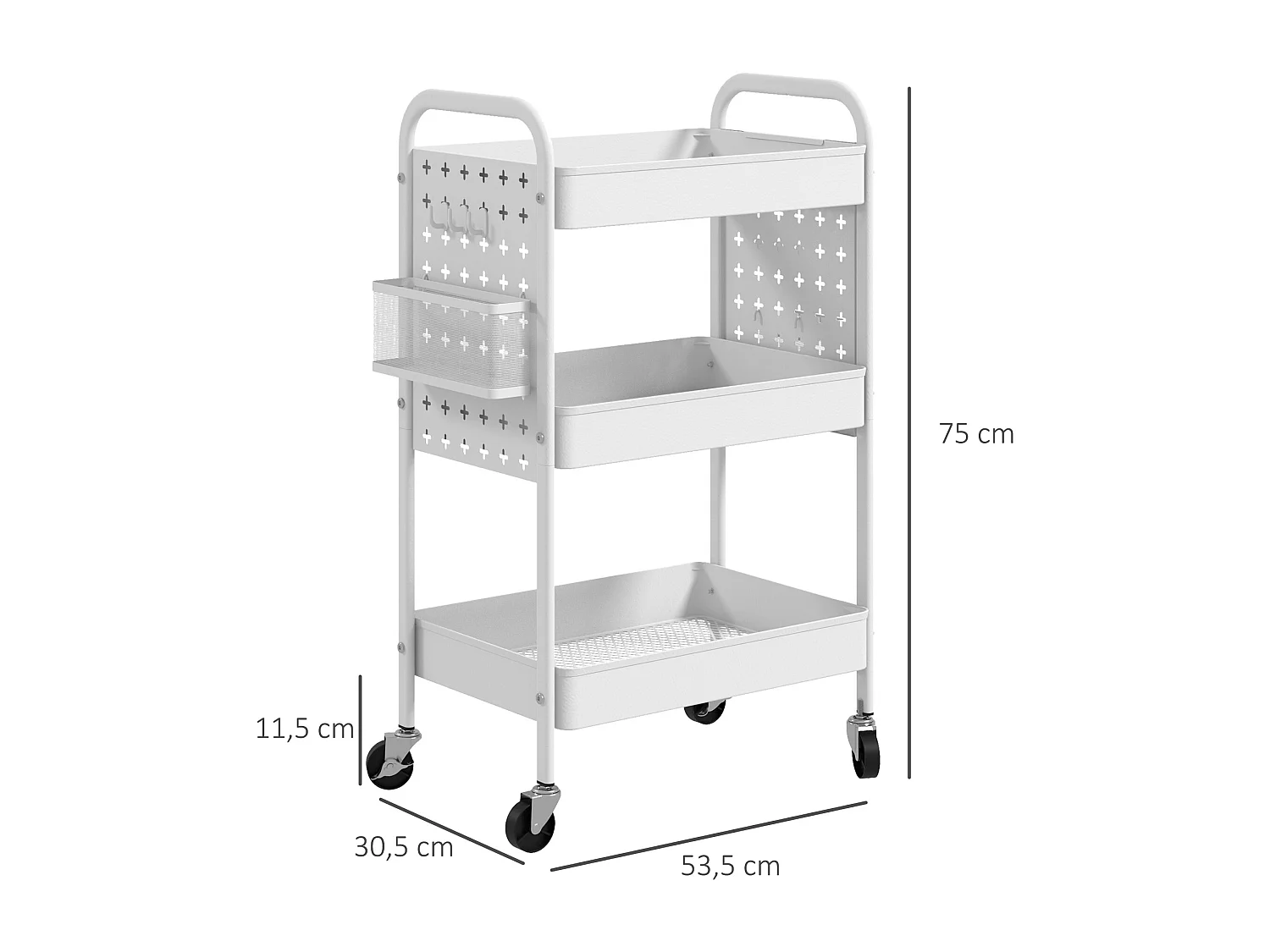 Desserte de cuisine style néo-rétro - 3 étagères, 2 paniers, 6 crochets - acier blanc