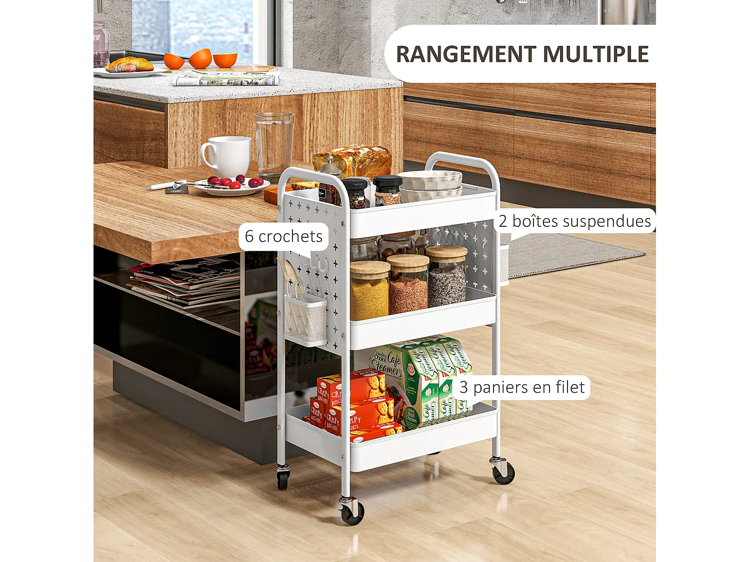 Desserte de cuisine style néo-rétro - 3 étagères, 2 paniers, 6 crochets - acier blanc