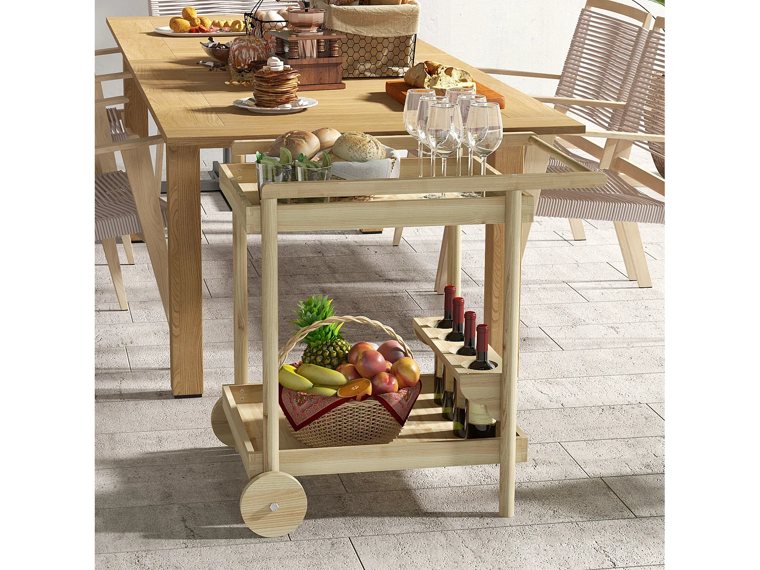 Desserte de jardin chariot pour plancha barbecue en bois avec poignée 2 plateaux et porte-bouteilles