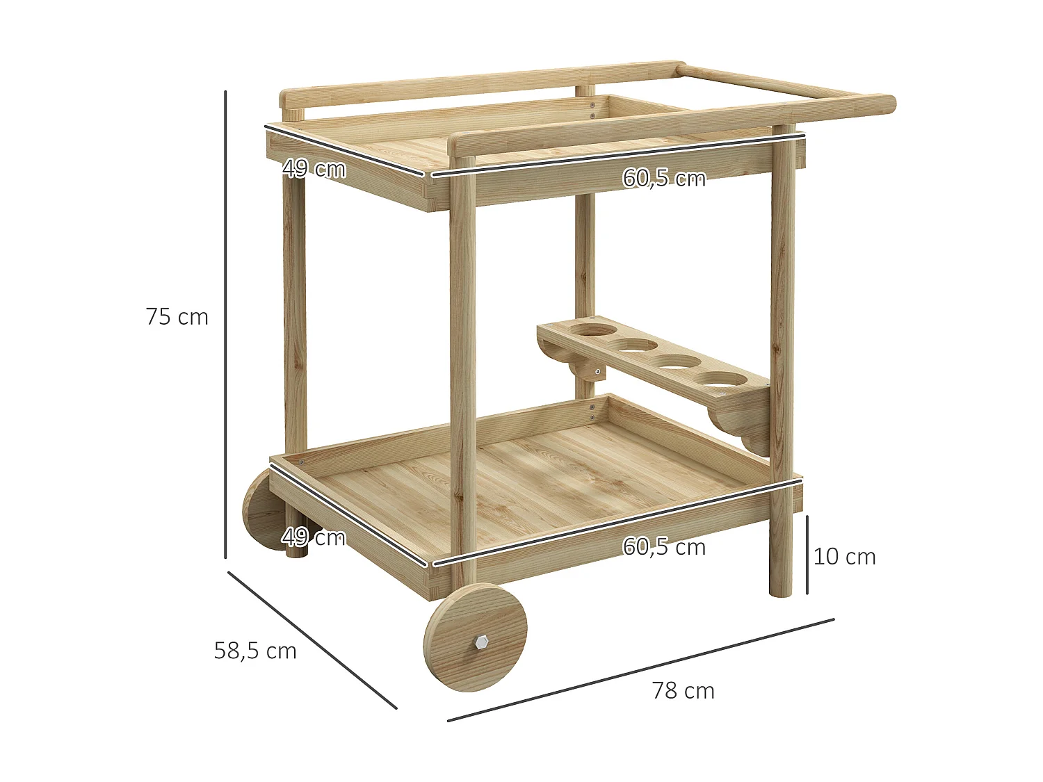 Desserte de jardin chariot pour plancha barbecue en bois avec poignée 2 plateaux et porte-bouteilles