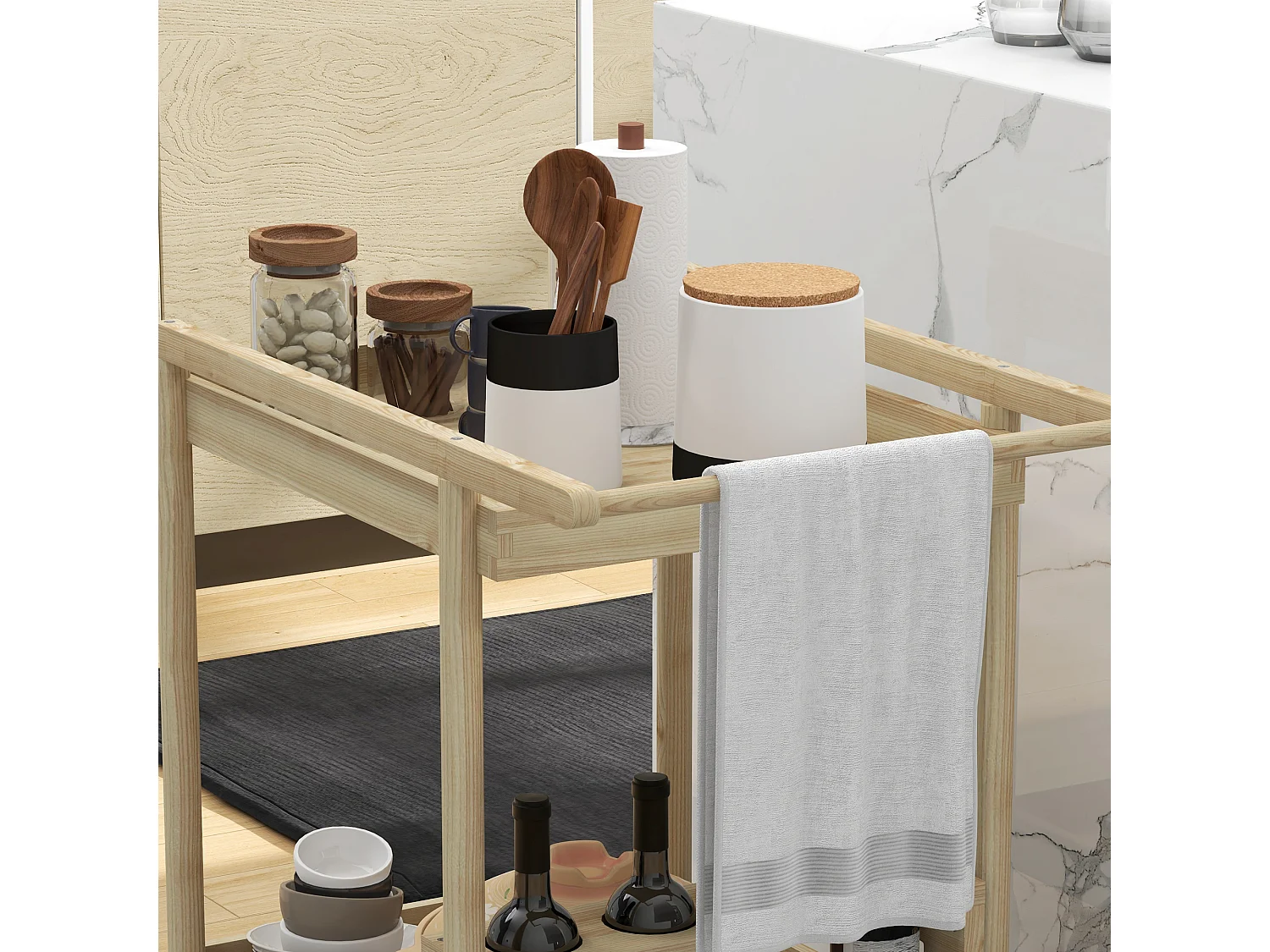 Desserte de jardin chariot pour plancha barbecue en bois avec poignée 2 plateaux et porte-bouteilles