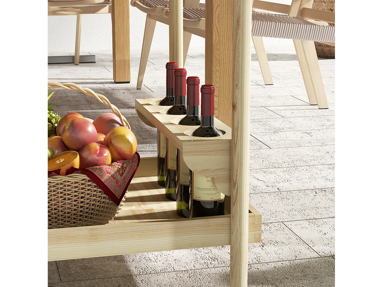 Desserte de jardin chariot pour plancha barbecue en bois avec poignée 2 plateaux et porte-bouteilles