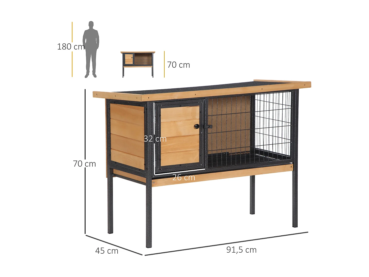 Cage à lapin clapier sur pied - toit ouvrable - dim. 91,5L x 45l x 70H cm - métal époxy bois pré-huilé