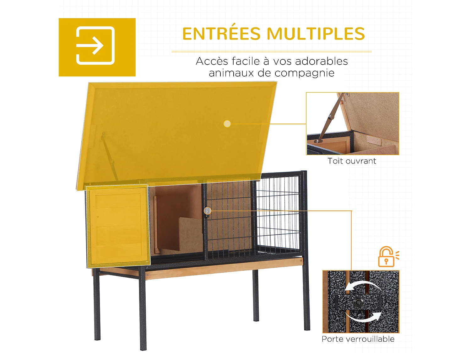 Cage à lapin clapier sur pied - toit ouvrable - dim. 91,5L x 45l x 70H cm - métal époxy bois pré-huilé
