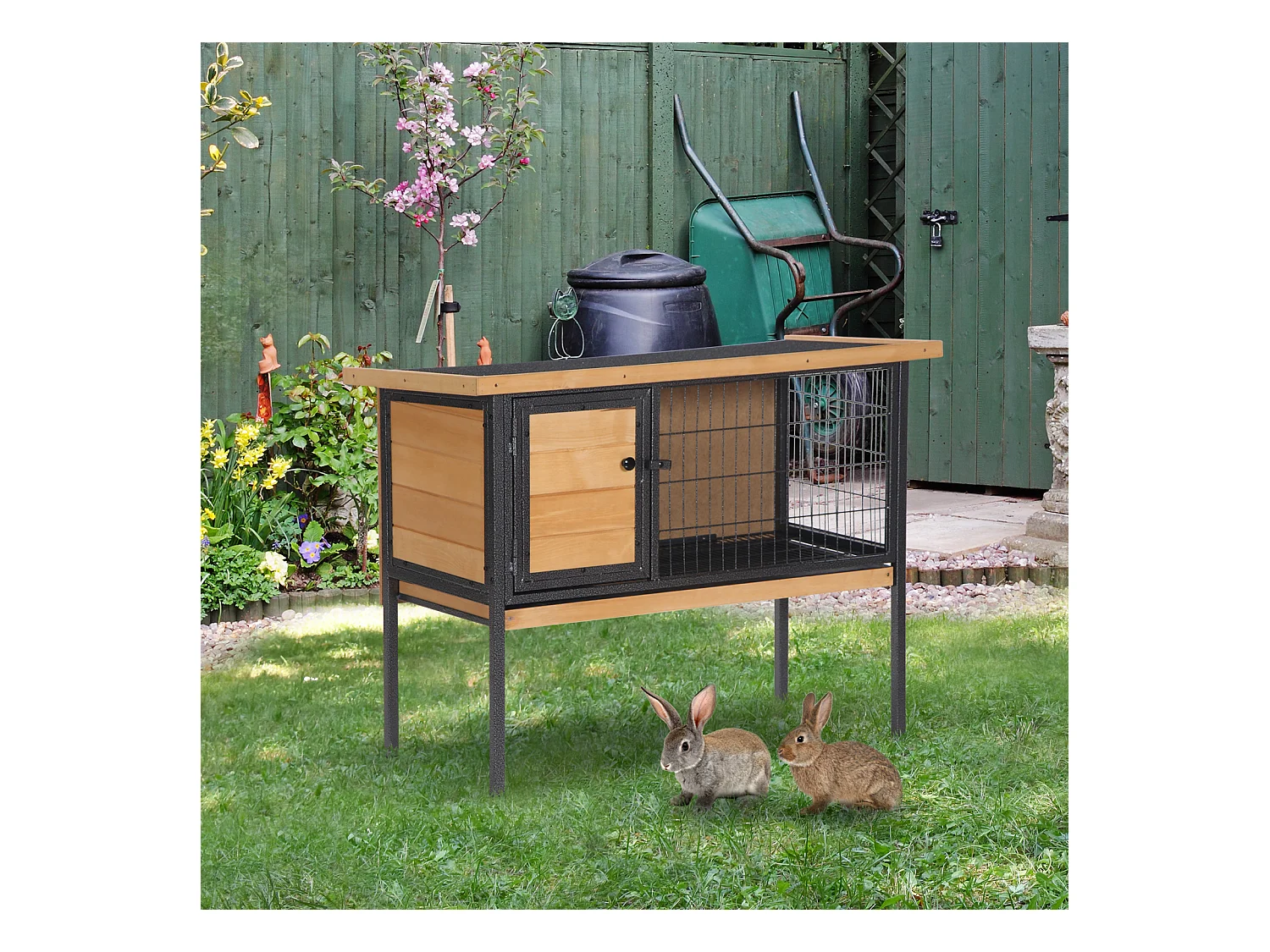 Cage à lapin clapier sur pied - toit ouvrable - dim. 91,5L x 45l x 70H cm - métal époxy bois pré-huilé