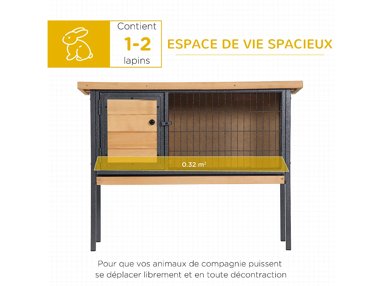 Cage à lapin clapier sur pied - toit ouvrable - dim. 91,5L x 45l x 70H cm - métal époxy bois pré-huilé