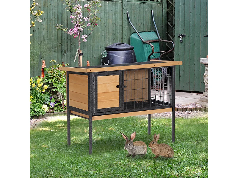 Cage à lapin clapier sur pied - toit ouvrable - dim. 91,5L x 45l x 70H cm - métal époxy bois pré-huilé
