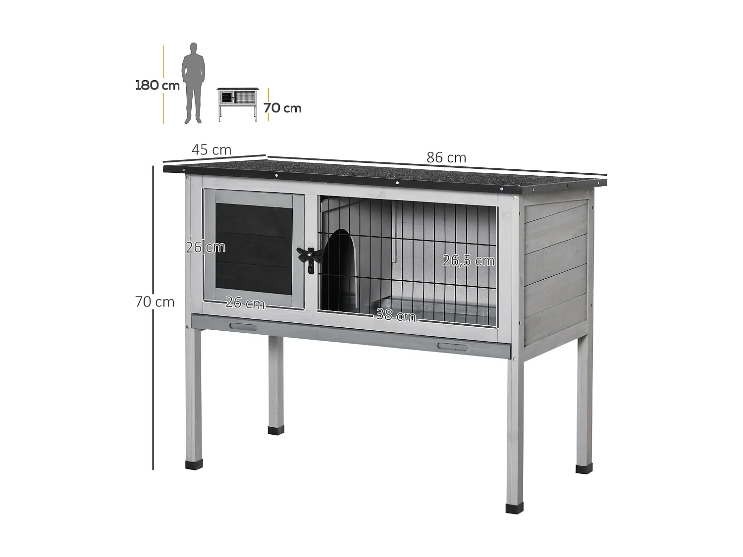 Clapier sur pied cage à lapin avec niche intérieure plateau excrément coulissant porte verrouillable toit ouvrant bois sapin gris