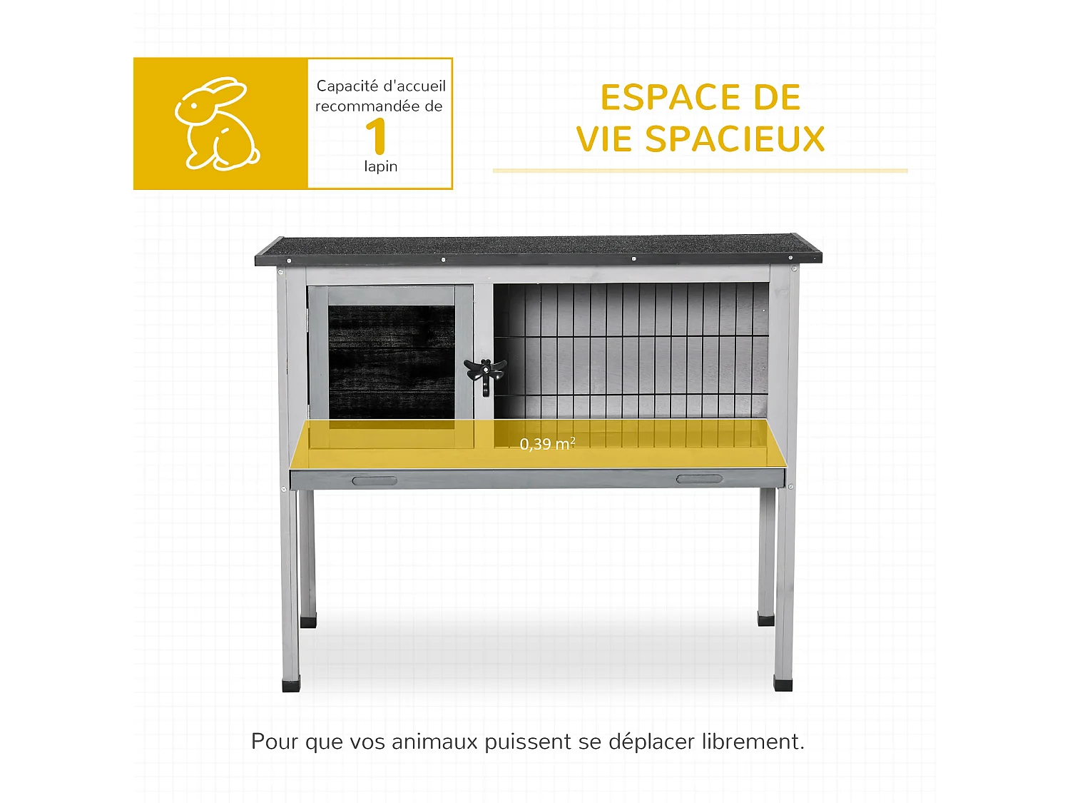 Clapier sur pied cage à lapin avec niche intérieure plateau excrément coulissant porte verrouillable toit ouvrant bois sapin gris