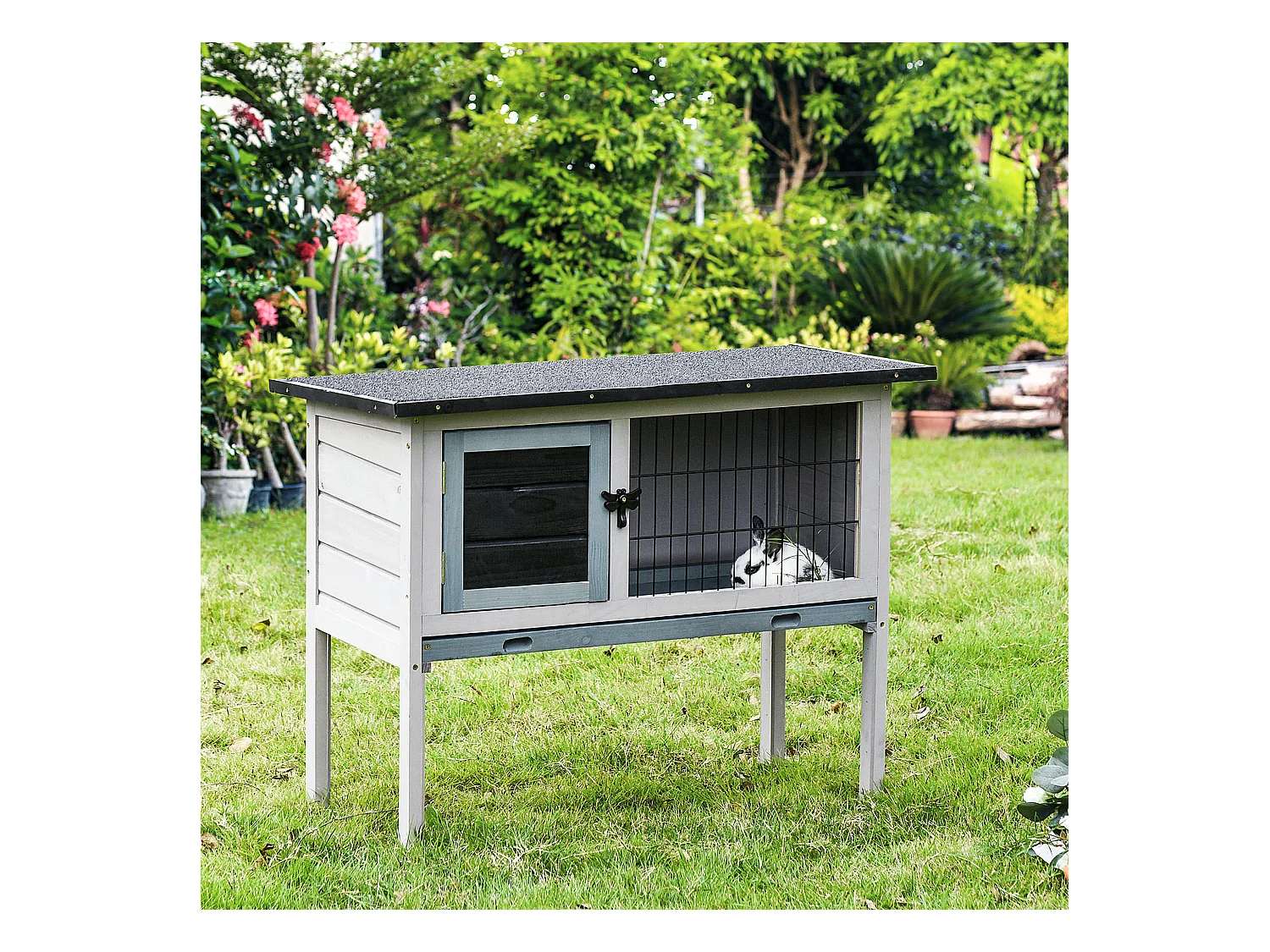 Clapier sur pied cage à lapin avec niche intérieure plateau excrément coulissant porte verrouillable toit ouvrant bois sapin gris
