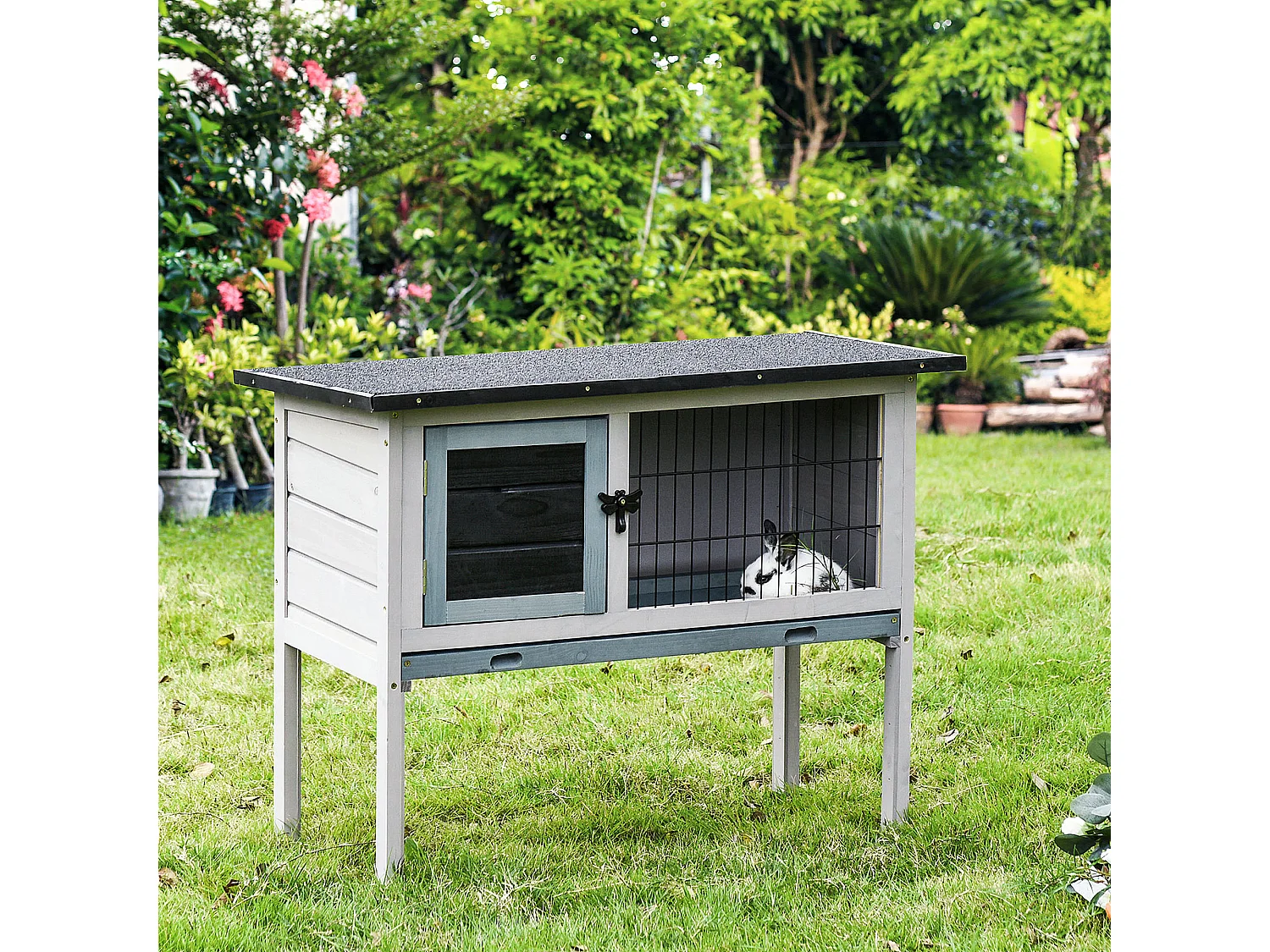 Clapier sur pied cage à lapin avec niche intérieure plateau excrément coulissant porte verrouillable toit ouvrant bois sapin gris