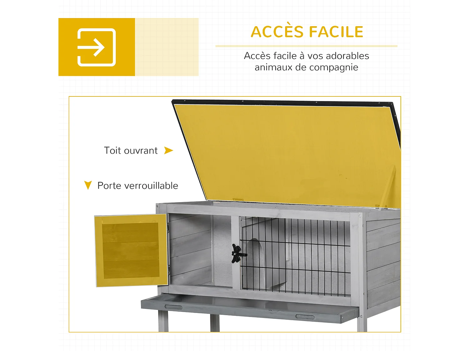 Clapier sur pied cage à lapin avec niche intérieure plateau excrément coulissant porte verrouillable toit ouvrant bois sapin gris