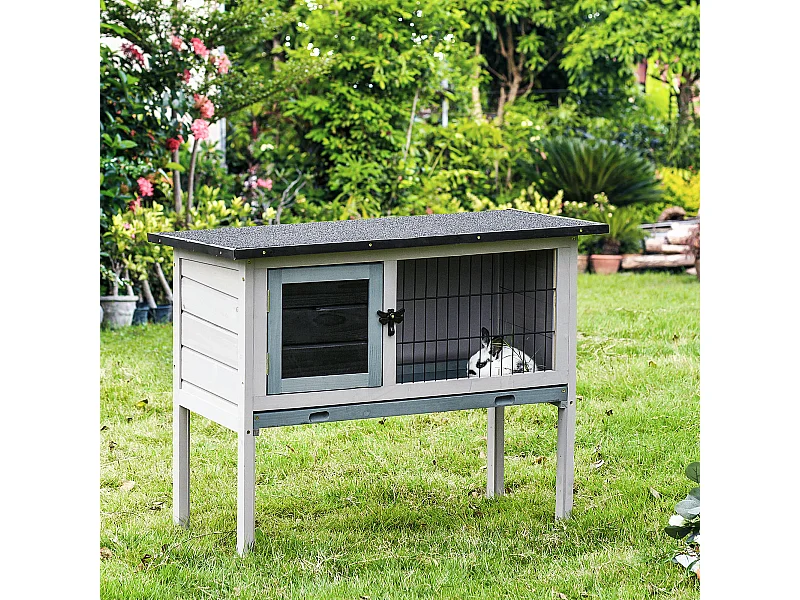 Clapier sur pied cage à lapin avec niche intérieure plateau excrément coulissant porte verrouillable toit ouvrant bois sapin gris