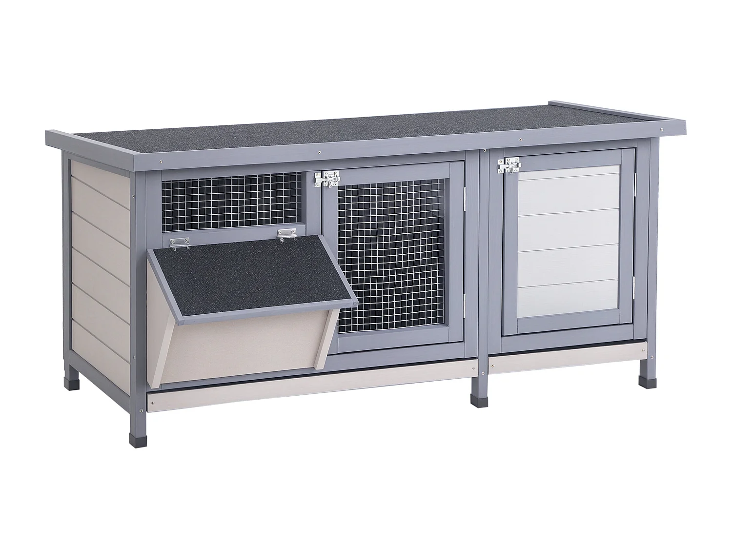 Clapier sur pieds - cage à lapin - 2 plateaux coulissants à excrément, 2 portes verrouillables, toit bitumé ouvrant, râtelier à foin - bois sapin gris