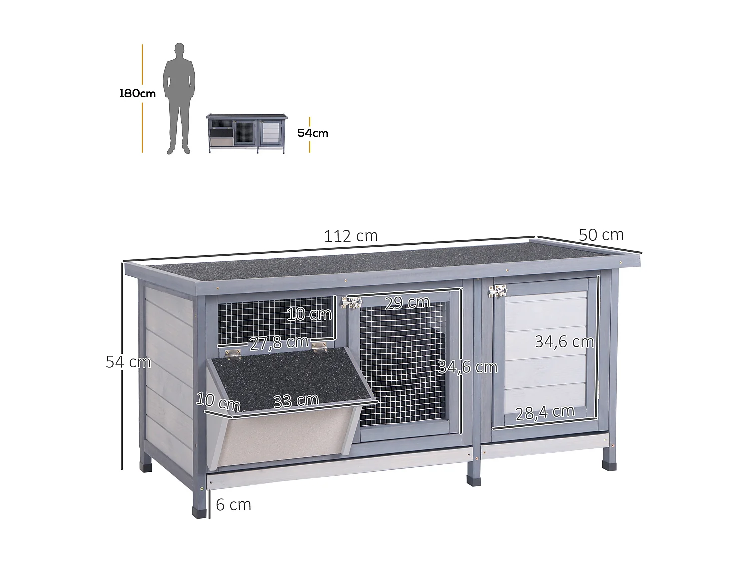 Clapier sur pieds - cage à lapin - 2 plateaux coulissants à excrément, 2 portes verrouillables, toit bitumé ouvrant, râtelier à foin - bois sapin gris