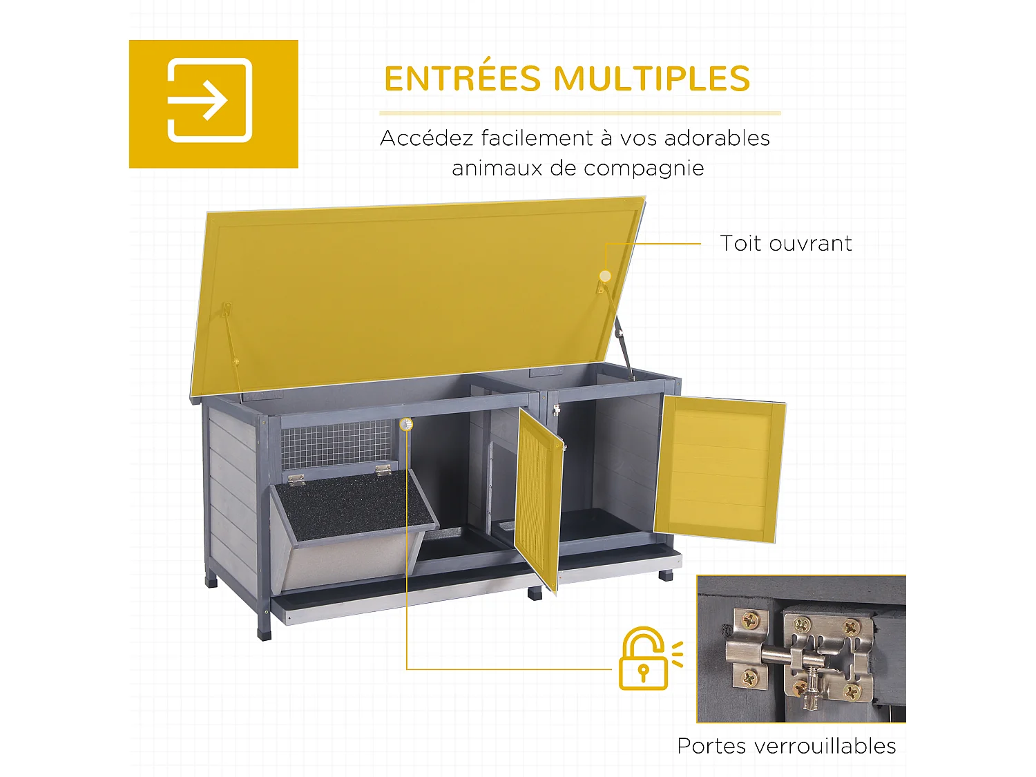Clapier sur pieds - cage à lapin - 2 plateaux coulissants à excrément, 2 portes verrouillables, toit bitumé ouvrant, râtelier à foin - bois sapin gris
