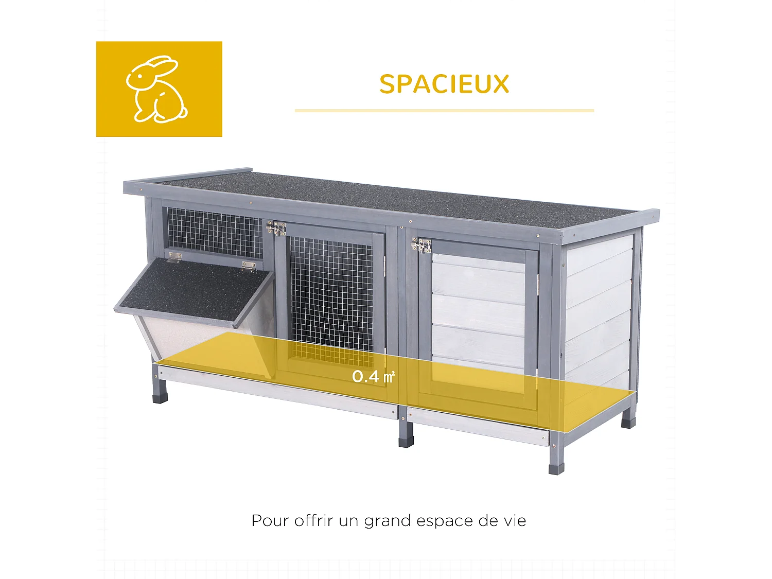 Clapier sur pieds - cage à lapin - 2 plateaux coulissants à excrément, 2 portes verrouillables, toit bitumé ouvrant, râtelier à foin - bois sapin gris