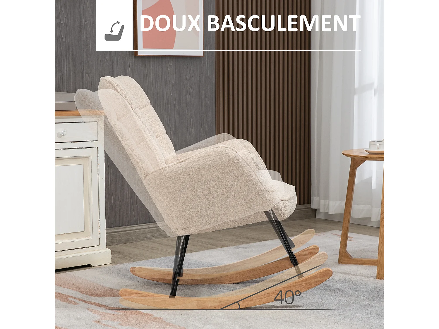 Fauteuil à bascule rocking chair design - structure acier piètement bois tissu effet laine bouclé beige